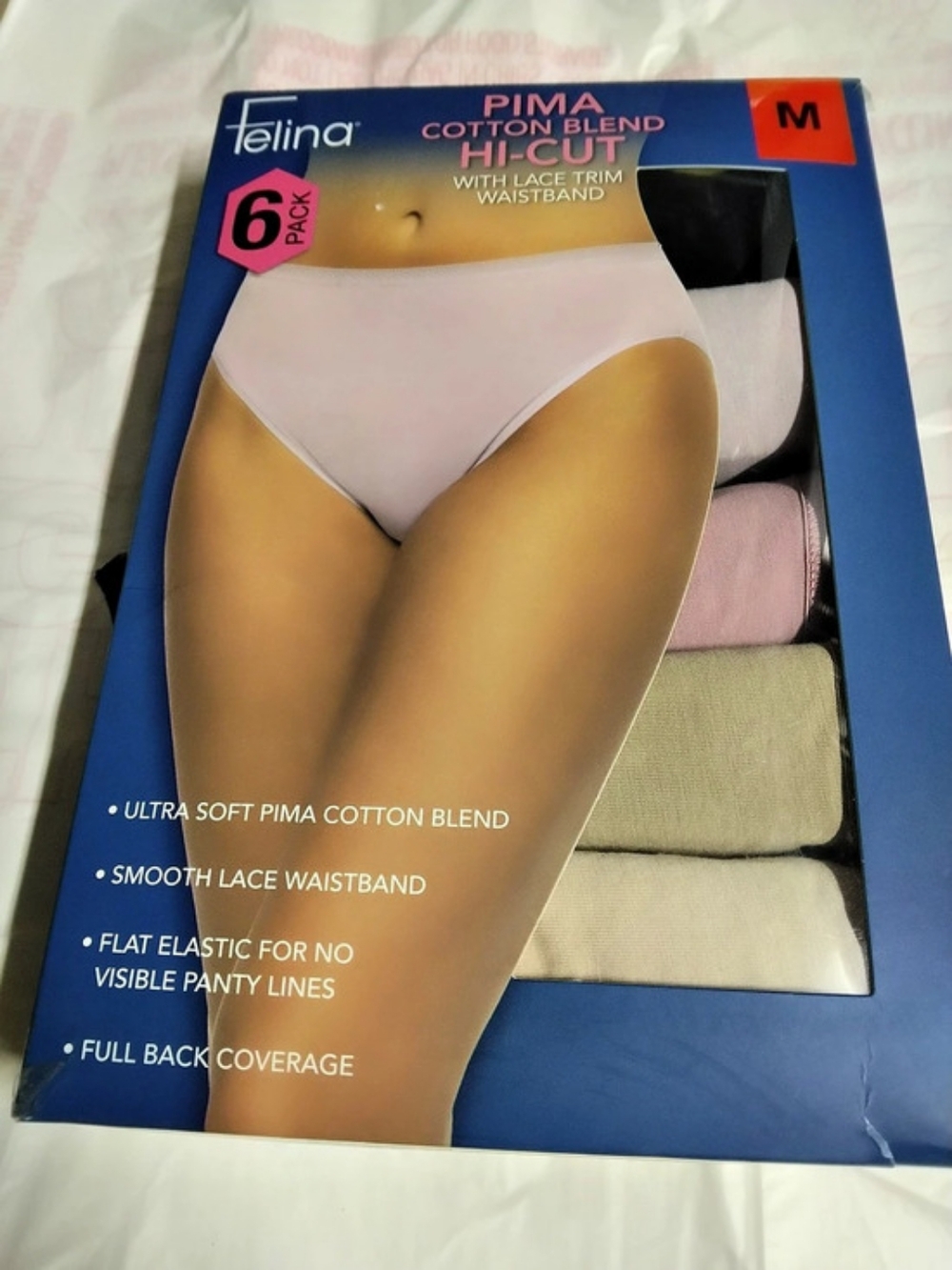 Felina Pima Cotton Blend Hi-Cut 6-Pack Pink Medium 6-Pack Nwt